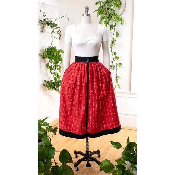 Vintage 1980s 80s Skirt JEANNE MARC Plaid Swing Midi High Waist Red Cotton - Picture 2 of 11